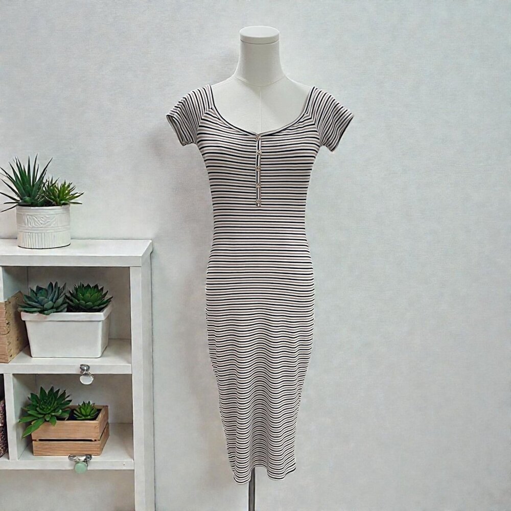Haley And June Bodycon Stripe Dress Button Front Ribbed Y2K Minimalist Casual‎